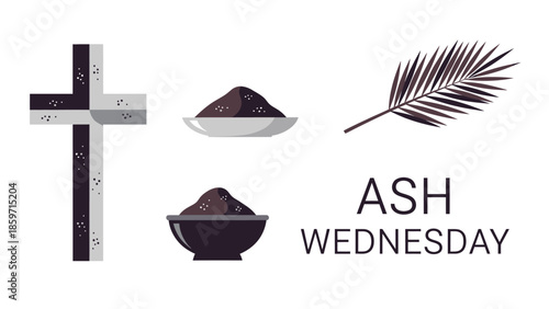 Ash Wednesday with cross, ash bowls, and palm frond religion Christian