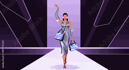 Fashion model gracefully walking down the runway showcasing designer accessories with futuristic