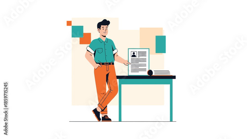 Young professional man standing by a table with a resume or document on display in a modern office