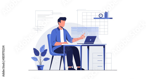 Focused professional navigating interface on laptop, surrounded by modern office elements