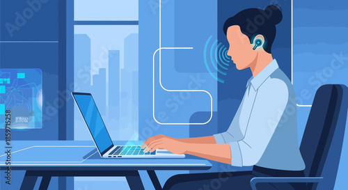 Focused businesswoman working remotely using wireless headset technology for communication