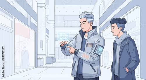 Future fashion and technology showcased in a futuristic shopping mall design illustration