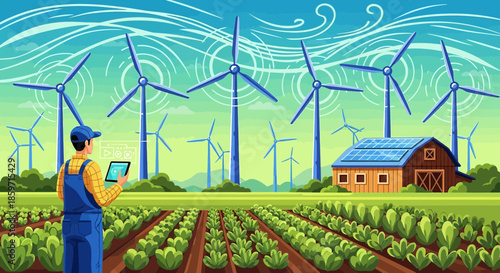 Futuristic agriculture farm with technology integration, utilizing solar energy and wind turbine