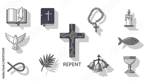 Christian symbols and arranged around a cross with repent text religious dove