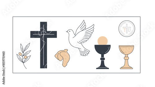 Christian symbols including cross dove chalice and olive branch