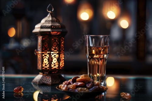 Warm golden light illuminates an ornate arabic lantern, dates, and tea in a moody low-light close-up on a reflective surface.
