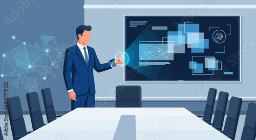 Futuristic business presentation with interactive display and innovative technology trends