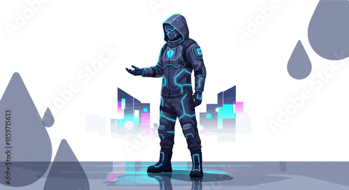 Futuristic character in neon cityscape illustration with abstract water droplets design