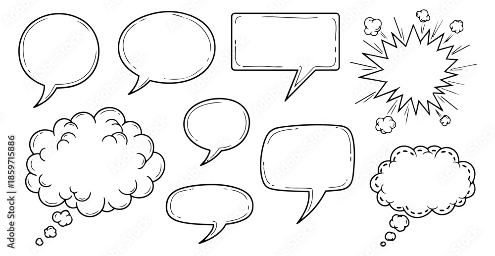 Fototapeta premium Hand drawn line art comic bubble set featuring various speech, thought, and explosion elements for communication design