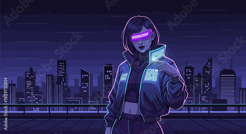 Futuristic cityscape backdrop with a stylized woman in cyberpunk attire and vivid neon lights
