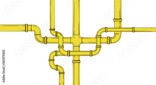 Hand drawn line art pipe system set featuring a network of yellow connections for industrial and utility concepts