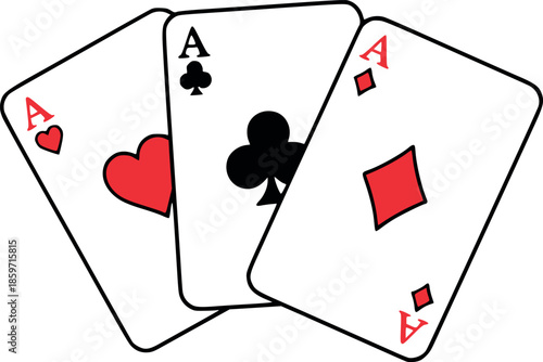 Line art playing card aces set featuring hearts, clubs, and diamonds for card games or gambling themes