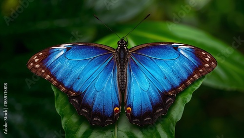 Bright Blue Butterfly Rests on Green Leaf in a Garden During Daylight