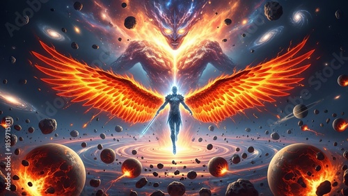 Cosmic being with fiery wings soaring through a nebulous galaxy