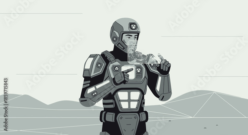 Futuristic commander in tactical armored suit using advanced augmented reality display device