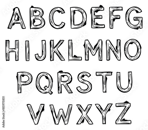 Hand drawn line art alphabet set featuring distressed uppercase characters for education and design