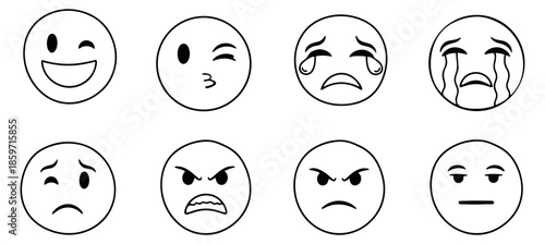 Hand drawn line art emoticon set featuring diverse emotional expressions for digital communication