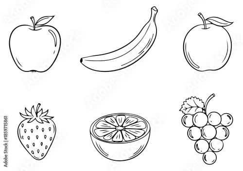 Hand drawn line art fruit set featuring apple, banana, strawberry, a half orange, and a bunch of grapes for food and nutrition designs