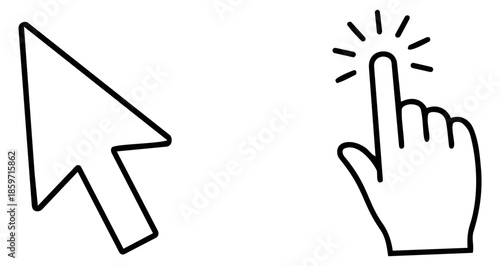 Line art cursor icon set featuring an arrow pointer and a clicking hand for digital interaction and user interface design