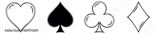 Hand drawn line art playing card suits set featuring heart, spade, club, and diamond for games and casino design