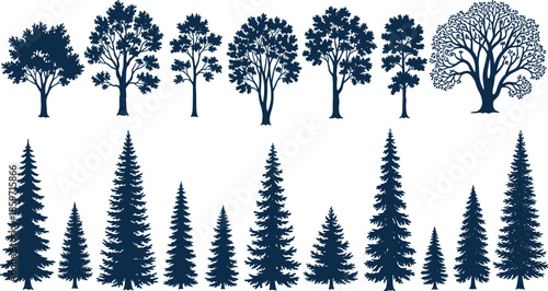 Collection of dark blue deciduous and coniferous tree silhouettes on white nature forest