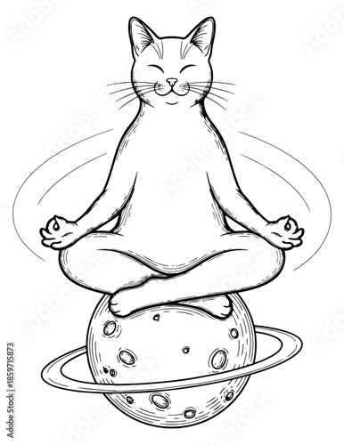 Hand drawn line art illustration of a cat depicting peaceful meditation on a planet for cosmic balance
