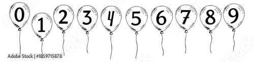 Hand drawn line art number balloons set featuring numeric digits for celebration and education
