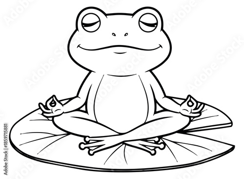 Hand drawn line art illustration of a frog depicting meditating calmly on a lily pad for wellness and inner peace