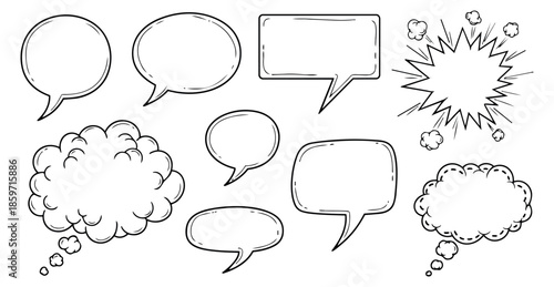 Hand drawn line art comic bubble set featuring various speech, thought, and explosion elements for communication design