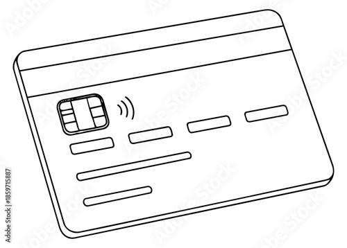 Line art illustration of a credit card depicting secure contactless payment for finance and digital transactions