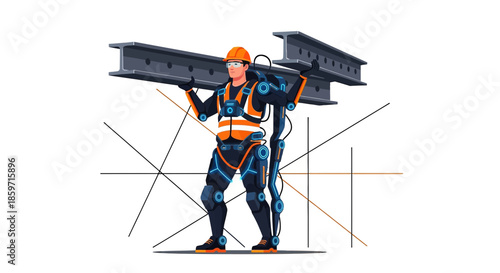 Futuristic construction worker using exoskeleton technology for enhanced strength and safety