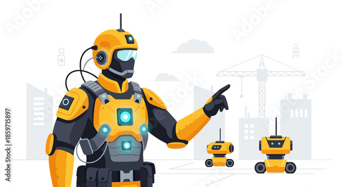 Futuristic construction overseer managing robotic workforce in the modern city landscape