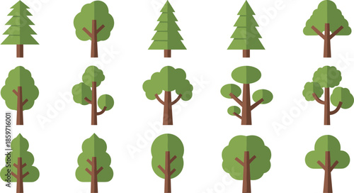 Collection of fifteen flat design trees with brown trunks and green foliage Keywords: tree, trees, flat design, icon