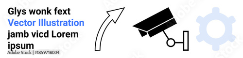 Security, surveillance, system management, process automation, monitoring, workflow. Black camera icon, arrow and gear symbol arranged together. Security and system management concept