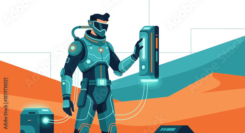 Futuristic explorer interacting with advanced technology on a Martian landscape simulation