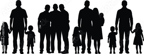 Family silhouette set showing diverse groups of parents and children holding hands and standing together isolated on white background design