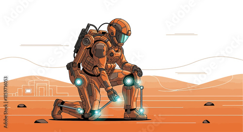 Futuristic explorer on a desolate world, clad in advanced exosuit assessing the alien landscape