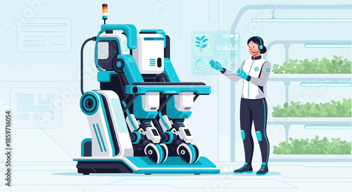 Futuristic farm with robot and human interaction for sustainable agriculture and technology