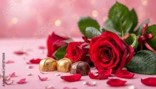 Red Roses and Chocolates Are Arranged on a Pink Table With Flower Petals Scat...