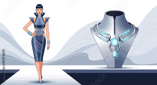 Futuristic fashion concept showcasing a stylish woman and a technologically advanced necklace design