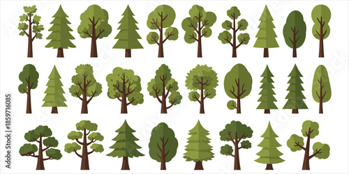 Collection of flat design cartoon trees with green foliage and brown trunks Keywords: tree, trees, nature, forest, green, brown