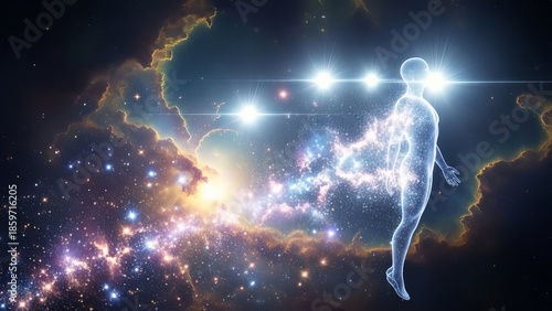 Astral projection concept luminous figure in a celestial nebula background