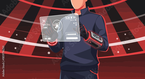 Futuristic interaction with a transparent screen showing innovative technology concept