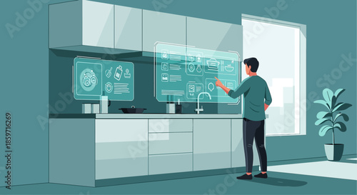 Futuristic kitchen interface enabling interaction and automation for modern living experiences