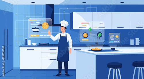 Futuristic kitchen with augmented reality interface guiding professional chef for culinary expertise