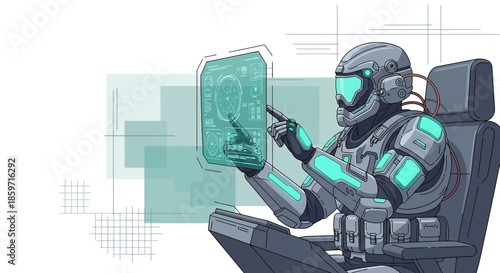 Futuristic Interface: A Robot Interacting with a Holographic Touchscreen Display in Teal Tones
