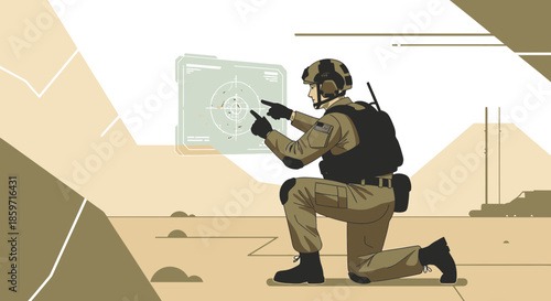 Futuristic soldier aiming at digital target in minimalist military training concept