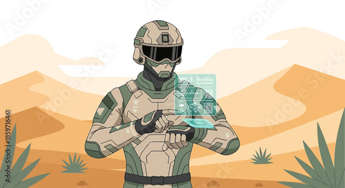 Futuristic soldier using augmented reality interface in desert landscape, enhanced technology and