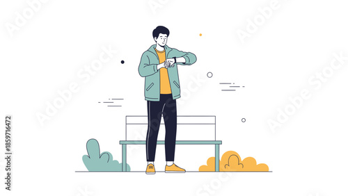 Youthful man checking smartwatch while standing outdoors near a park bench illustrating modern