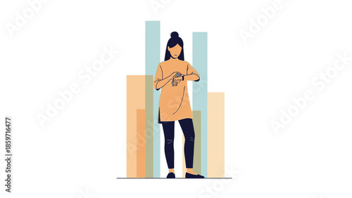 Young woman standing with crossed arms focused on her smartphone in front of colorful abstract